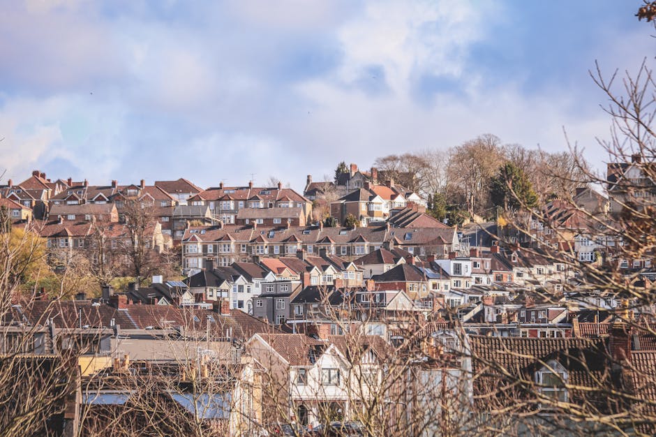 A panoramic view of a suburban neighbourhood with numerous multi-story houses built on a hillside, featuring red, brown, and grey tiled roofs, some with chimneys. The scene shows an outdoor setting with trees and branches in the foreground, some of which are leafless, indicating a cooler season. The houses vary in size and design, with many having bay windows and small gardens or yards at the front. The sky above is partly cloudy with patches of blue visible. This image illustrates the typical environment for house removals, where furniture and belongings are loaded into a van, often handled by a professional service like Man with Van Muswell Hill, to facilitate home relocation and furniture transport within urban residential areas.